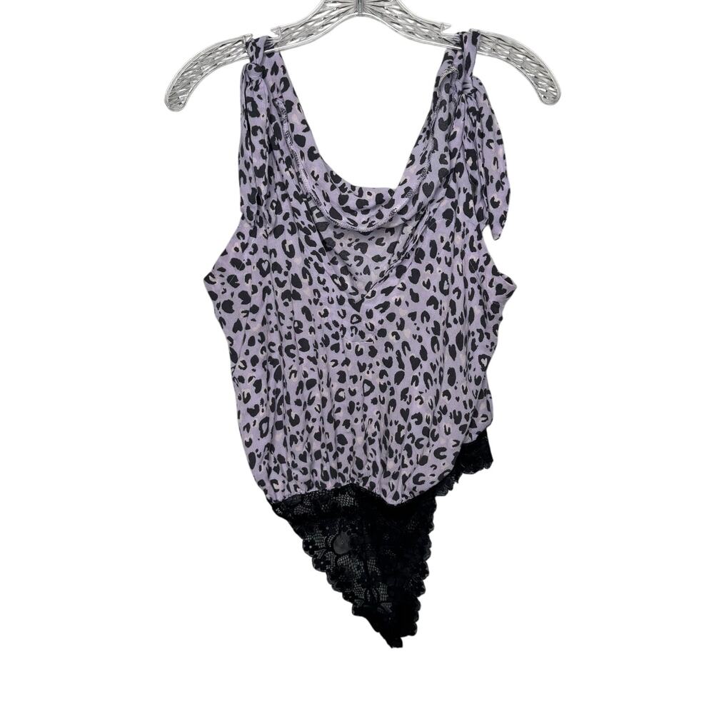 Free‎ People Intimately Bodysuit Size M Purple Leopard Print Cowl Neck Lace Trim